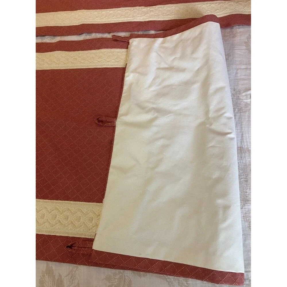 Pair of Lee Jofa Red Embroidered Tab Top Curtain Panels Lined Decorative Trim